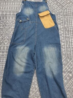 Retro Contrasting Denim Jumpsuits Women Loose Japanese Style Wide Leg Pants